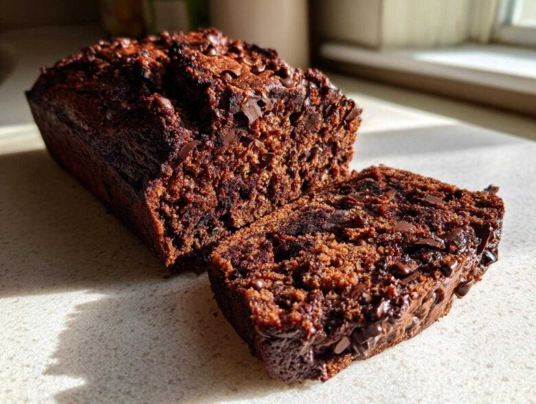 A dark, rich loaf of Gluten-Free Chocolate Zucchini Bread with a slice cut off, showing moist texture and chocolate chips.