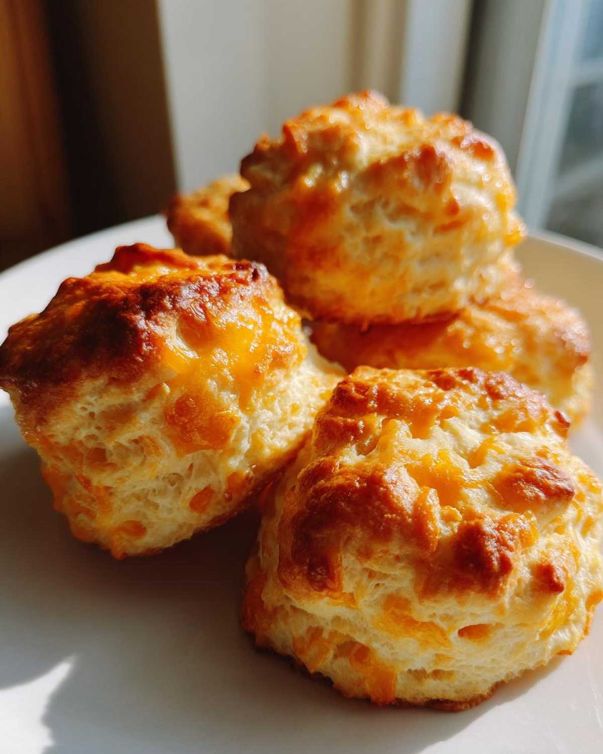 A close-up of several fluffy Gluten-Free Garlic Cheddar Biscuits with melted, browned cheese topping.