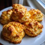 A close-up of several golden-brown Gluten-Free Garlic Cheddar Biscuits piled on a white plate.