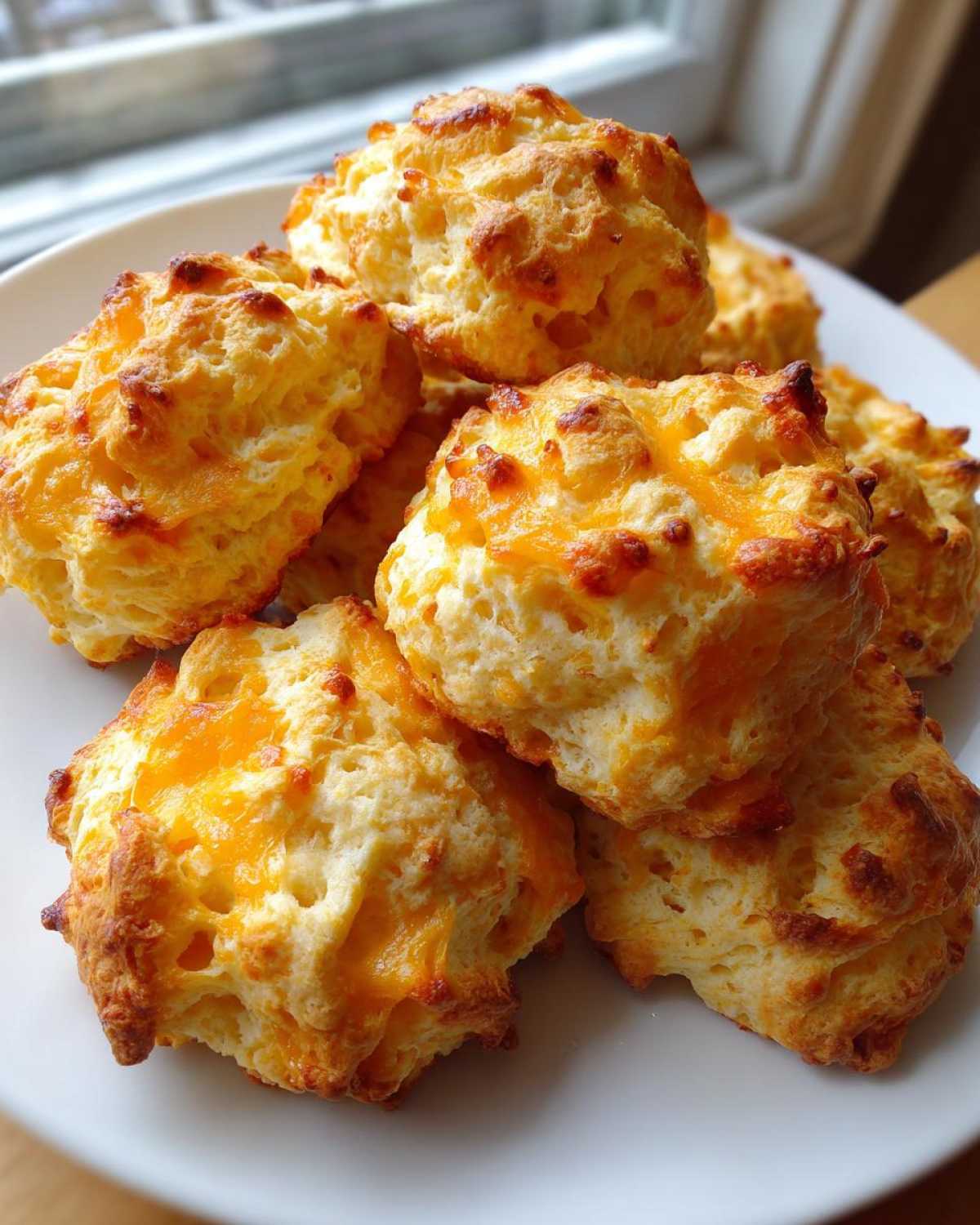 A pile of freshly baked Gluten-Free Garlic Cheddar Biscuits with melted, browned cheese on top, served on a white plate.