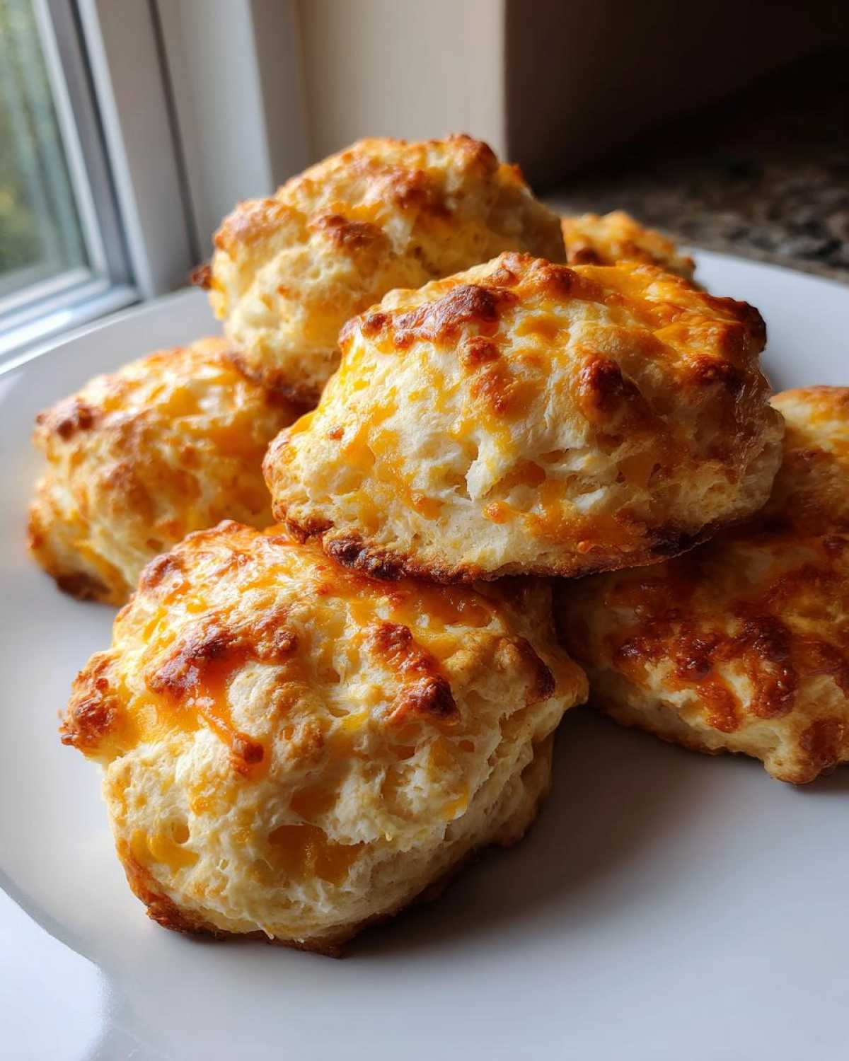 A stack of freshly baked Gluten-Free Garlic Cheddar Biscuits with melted, golden-brown cheese topping.