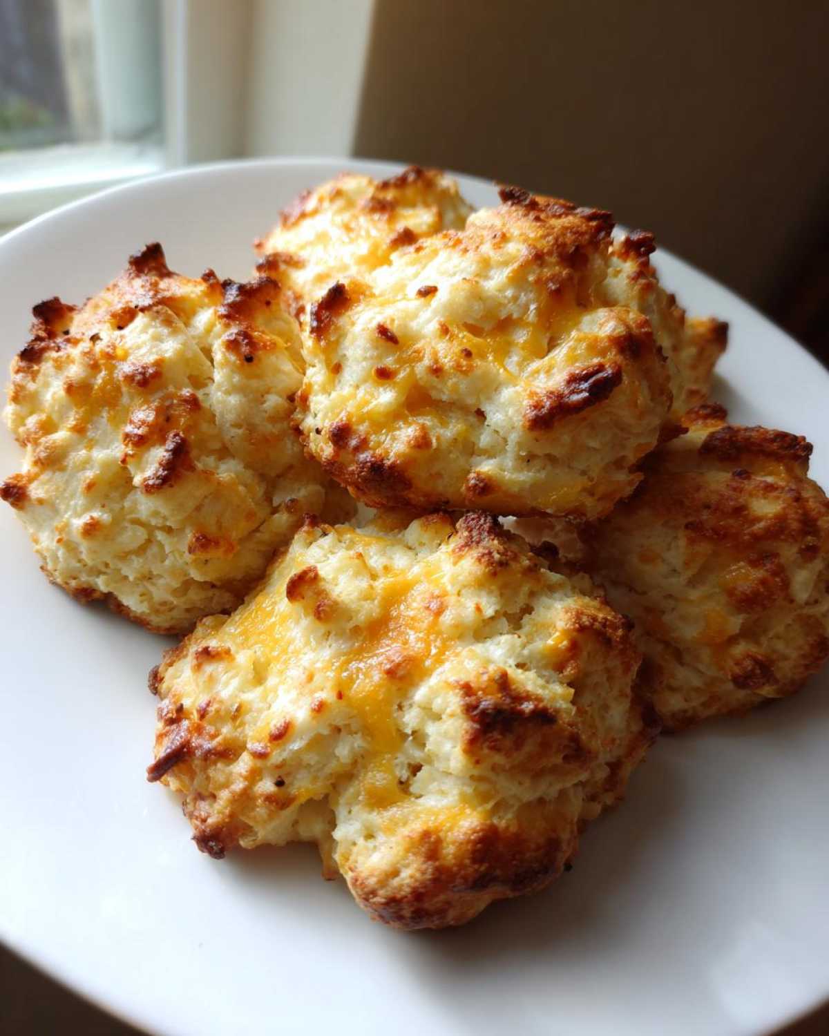 A close-up of several golden-brown Gluten-Free Garlic Cheddar Biscuits topped with melted cheese on a white plate.
