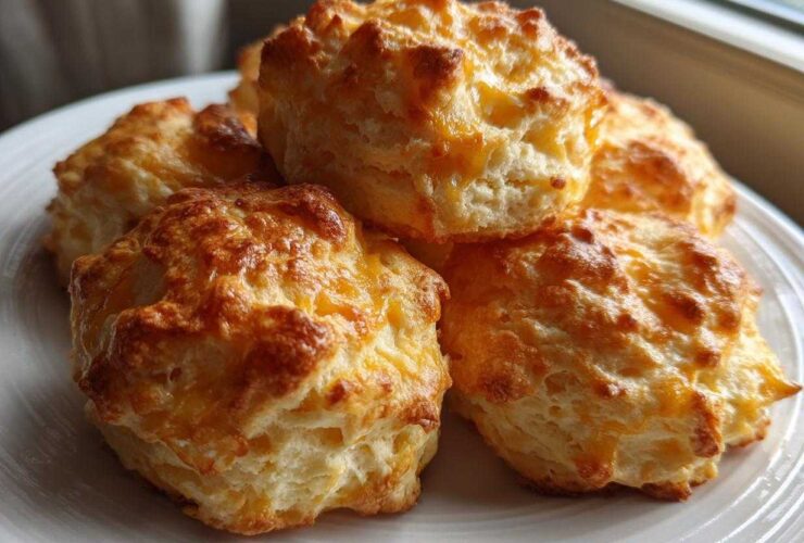 A close-up of several golden-brown Gluten-Free Garlic Cheddar Biscuits piled high on a white plate.
