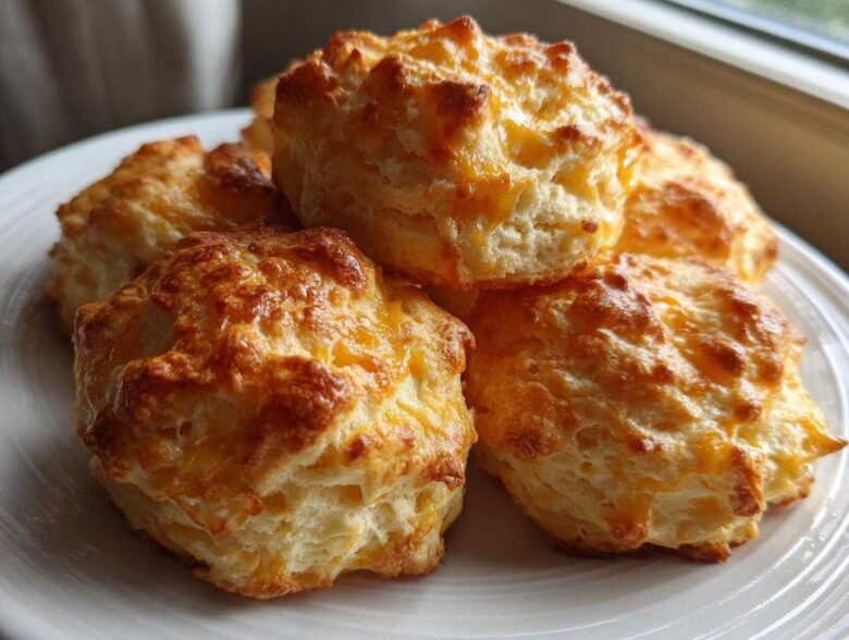 A close-up of several golden-brown Gluten-Free Garlic Cheddar Biscuits piled high on a white plate.