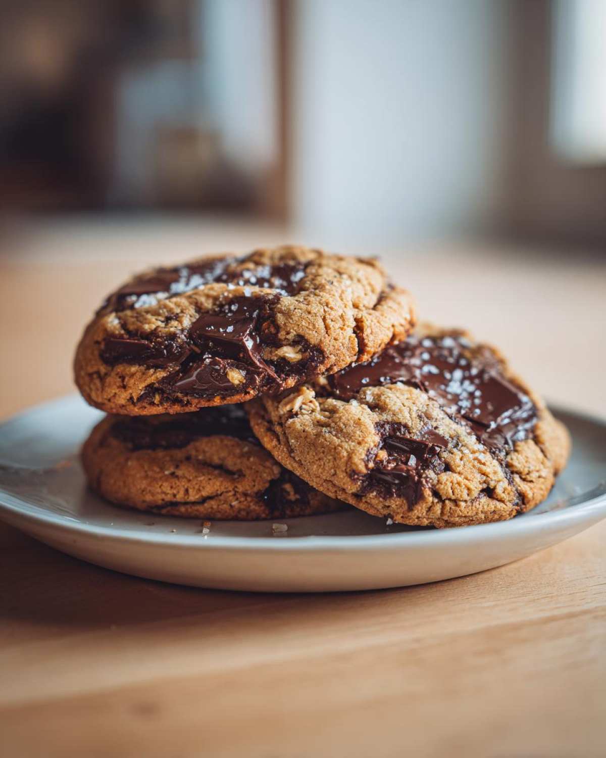 A stack of three chewy Gluten-Free Irish Oat Cookies with melted dark chocolate chunks and sea salt.