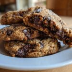 A stack of three Gluten-Free Irish Oat Cookies with dark chocolate chunks and a sugar topping on a white plate.