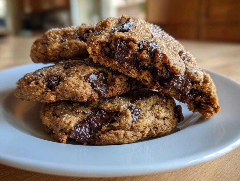 A stack of three Gluten-Free Irish Oat Cookies with dark chocolate chunks and a sugar topping on a white plate.