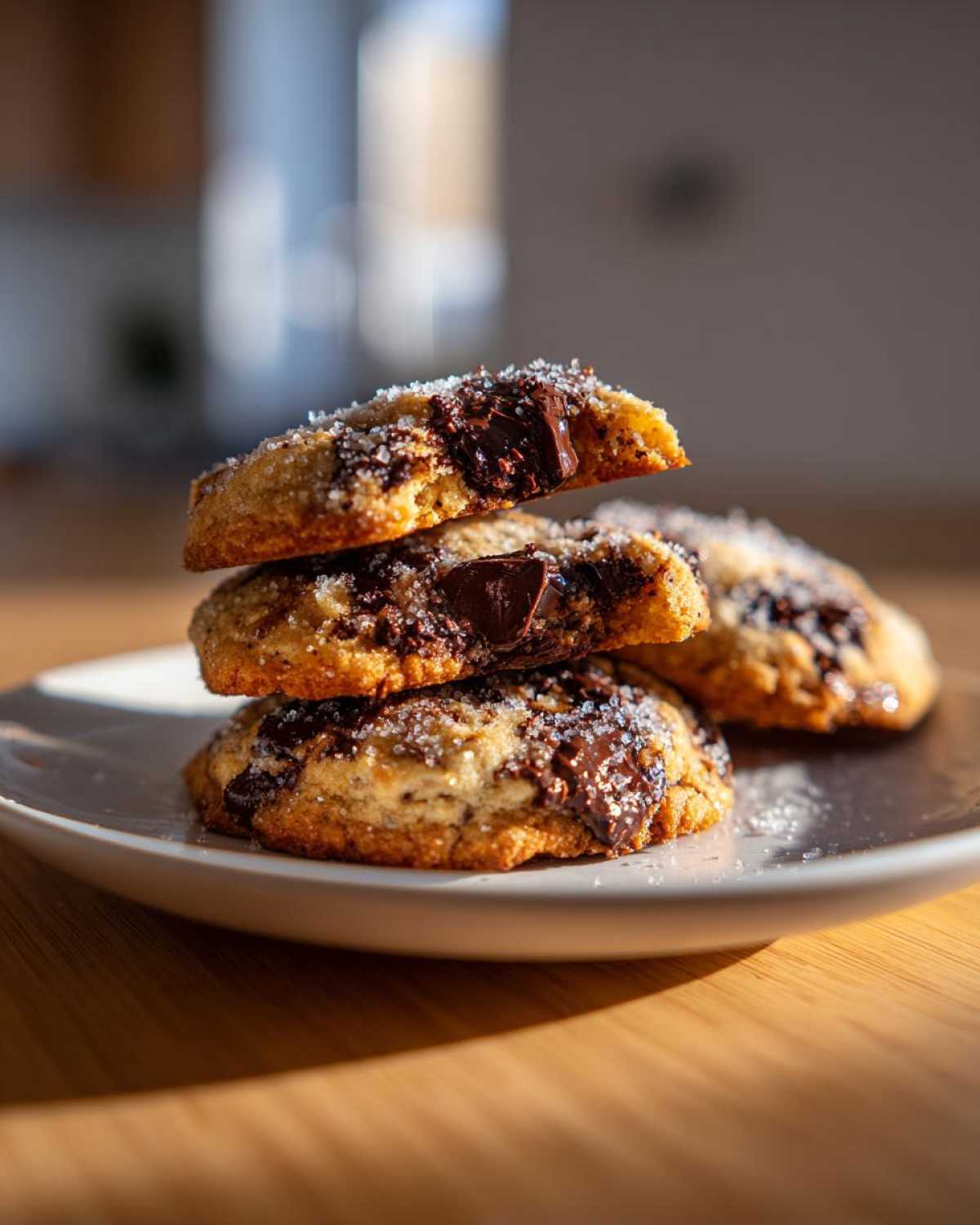 A stack of three Gluten-Free Irish Oat Cookies with dark chocolate chunks and coarse sugar topping.
