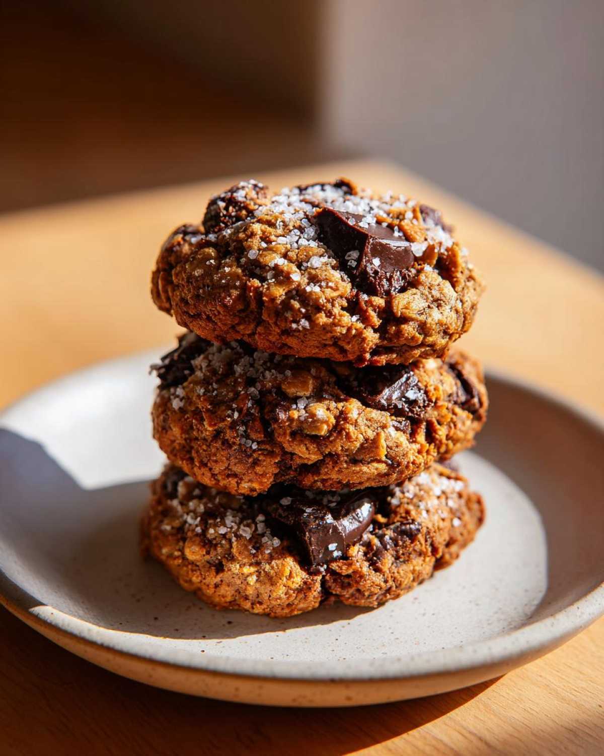 A stack of three chewy Gluten-Free Irish Oat Cookies with dark chocolate chunks and sea salt flakes.