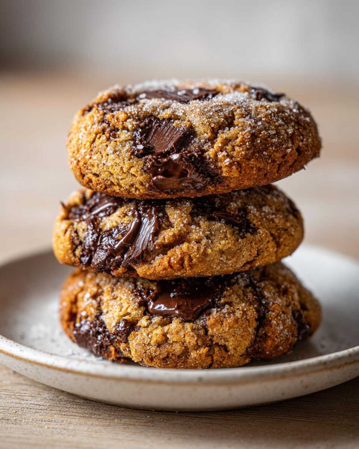 A stack of three rich Gluten-Free Irish Oat Cookies with melted dark chocolate chunks and a sugar topping.