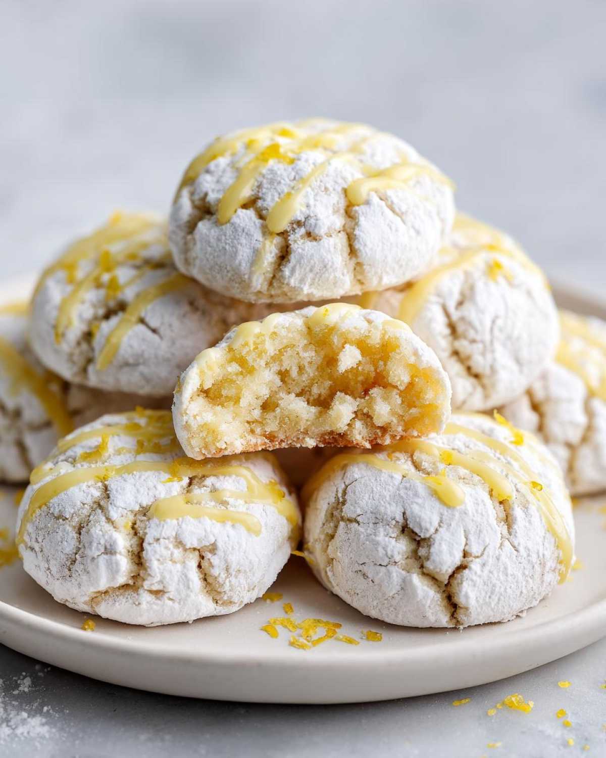 A stack of Gluten-Free Lemon Meltaway Cookies dusted with powdered sugar and drizzled with lemon glaze.