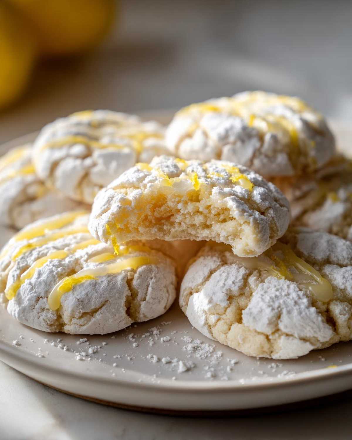 A stack of soft Gluten-Free Lemon Meltaway Cookies dusted with powdered sugar and drizzled with lemon glaze.