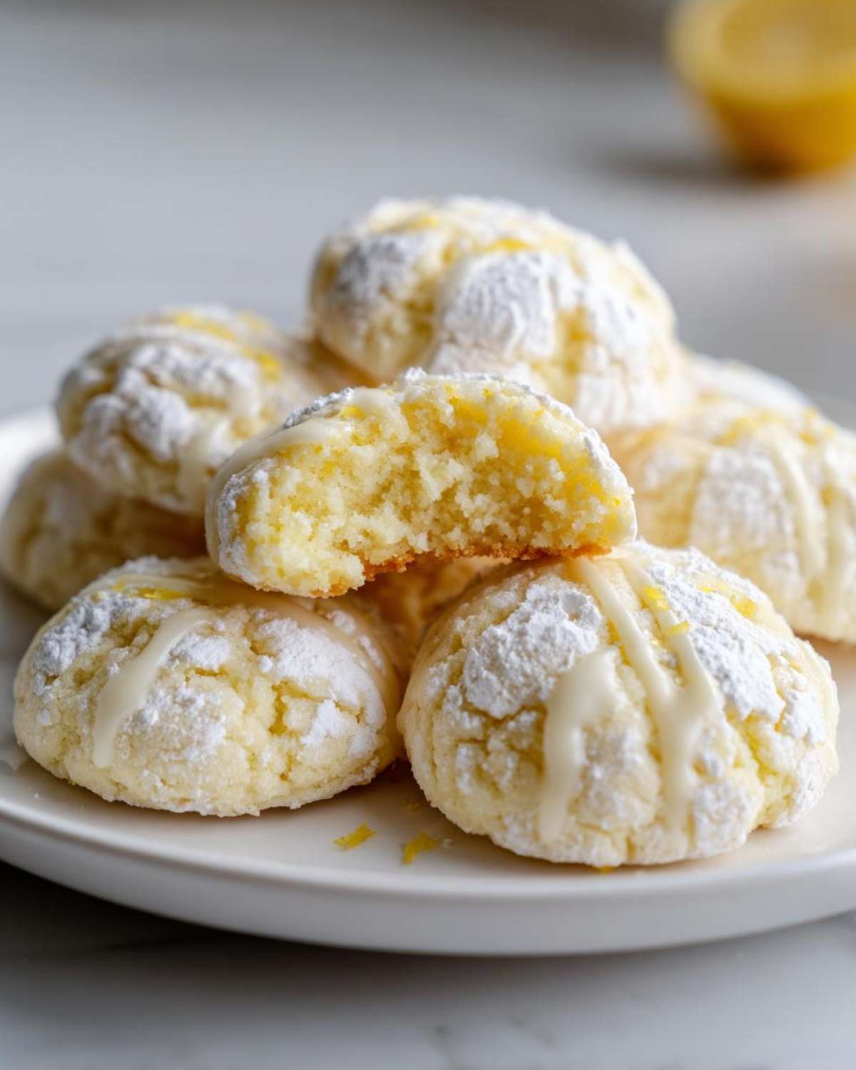 A stack of soft Gluten-Free Lemon Meltaway Cookies dusted with powdered sugar and drizzled with glaze.