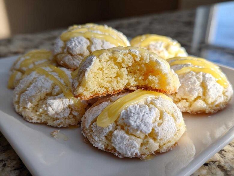 A stack of Gluten-Free Lemon Meltaway Cookies dusted with powdered sugar and drizzled with lemon glaze.