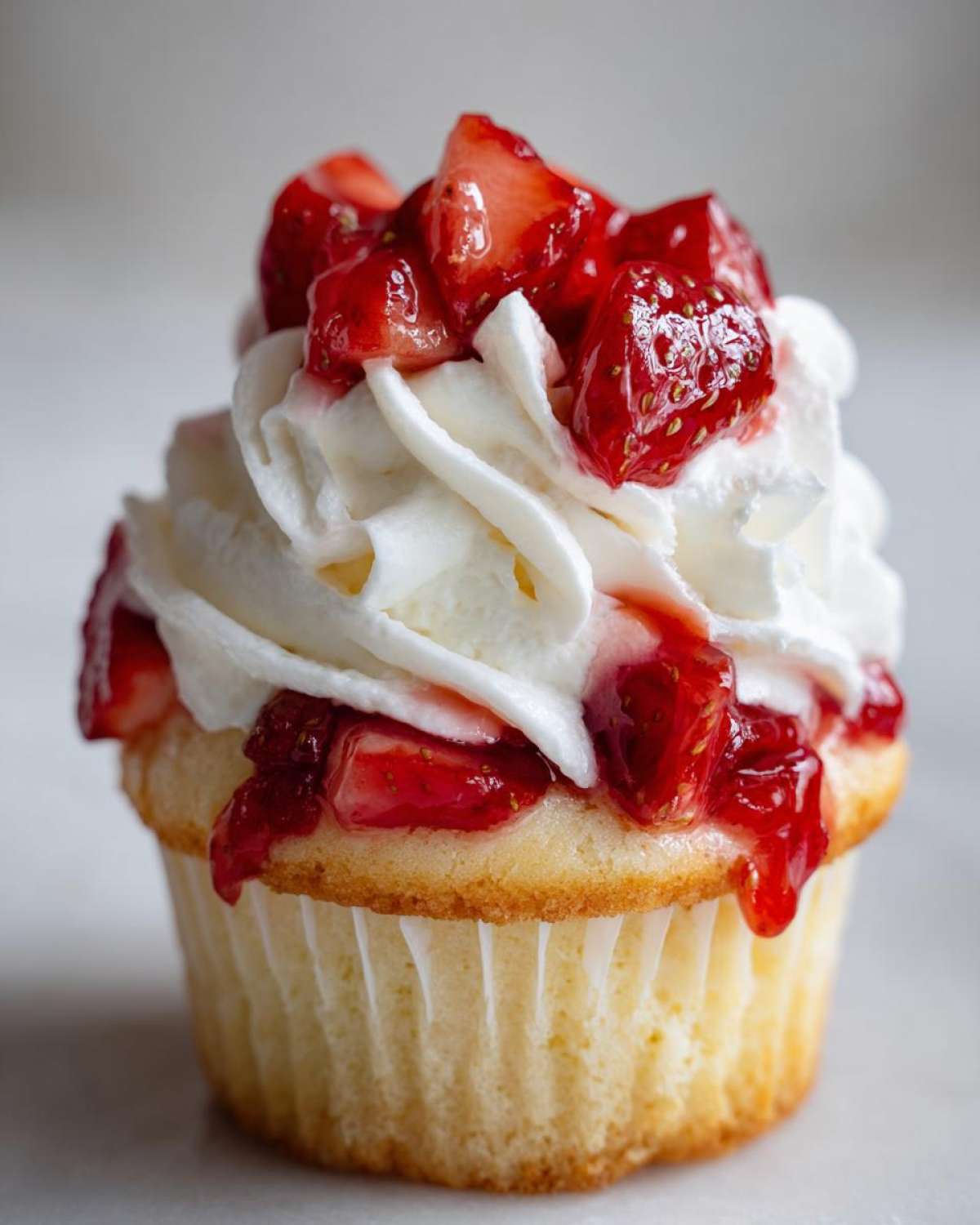 Close-up of a single Gluten-Free Strawberry Shortcake Cupcake topped with whipped cream and macerated strawberries.