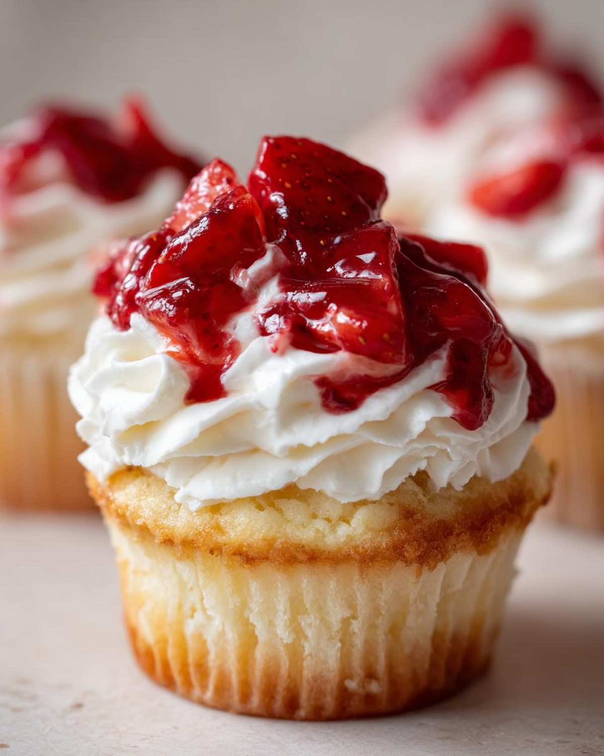 A close-up of a Gluten-Free Strawberry Shortcake Cupcakes topped with white frosting and macerated strawberries.