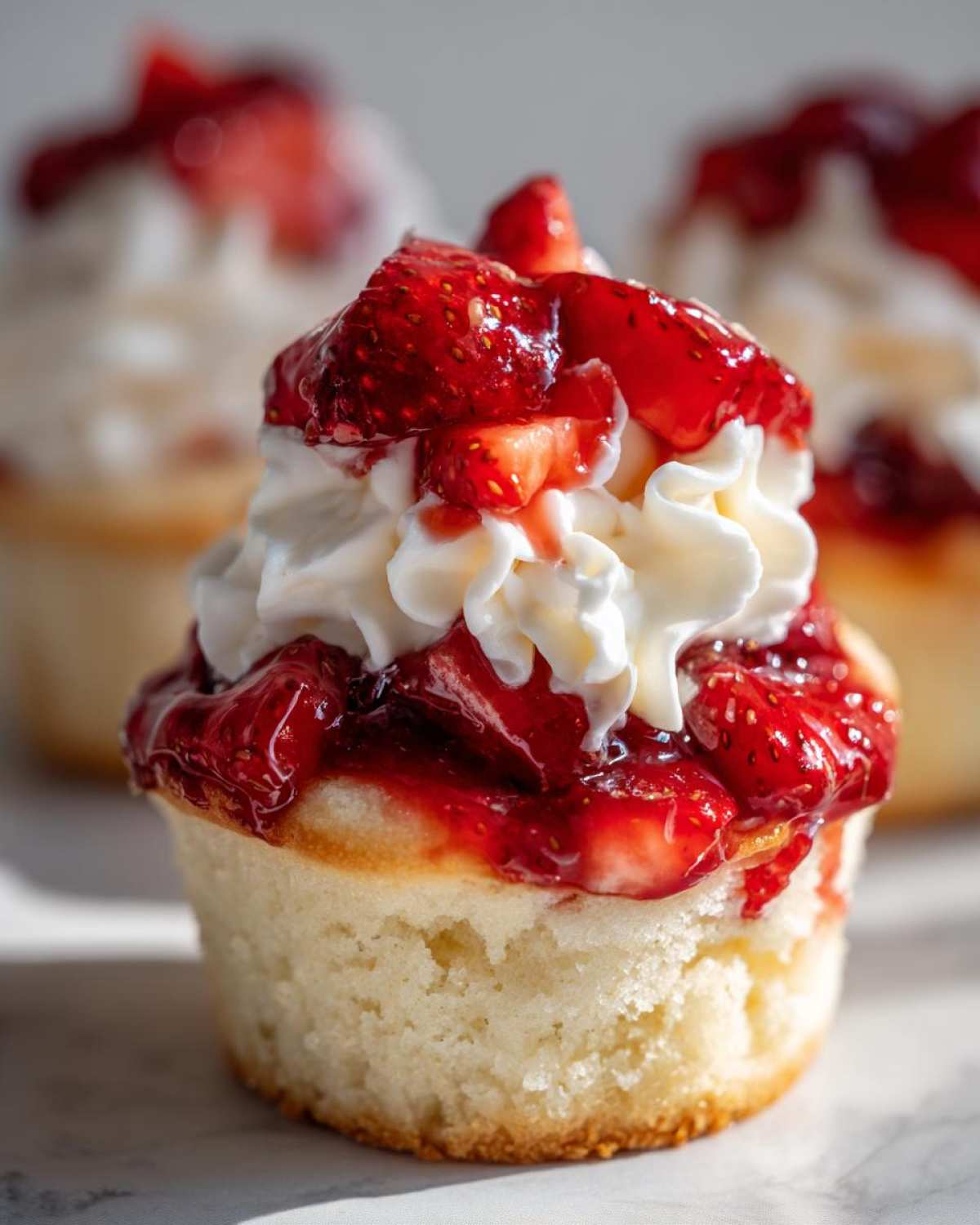 A close-up of a single Gluten-Free Strawberry Shortcake Cupcake topped with whipped cream and macerated strawberries.