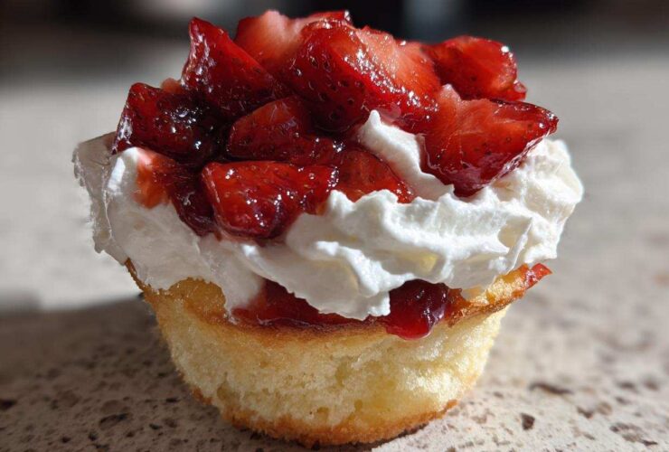 A close-up of a single Gluten-Free Strawberry Shortcake Cupcakes topped with whipped cream and macerated strawberries.