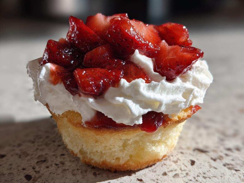 A close-up of a single Gluten-Free Strawberry Shortcake Cupcakes topped with whipped cream and macerated strawberries.