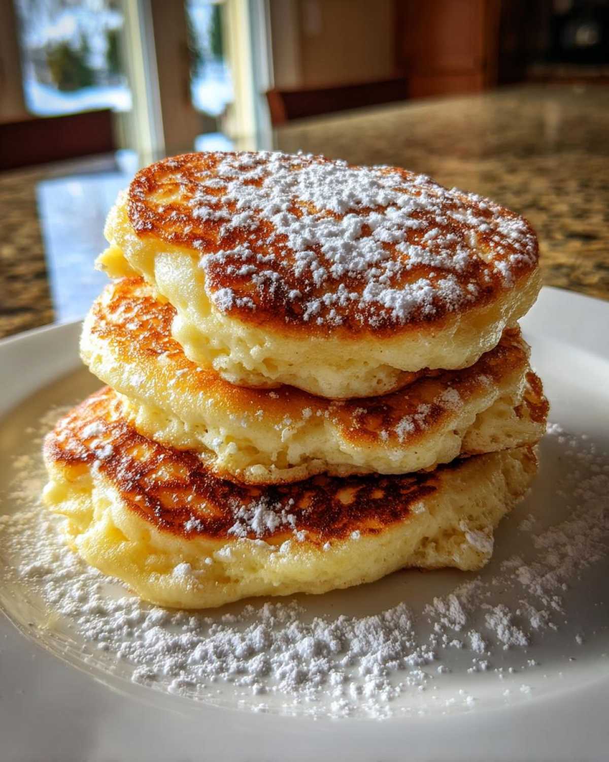 A stack of three fluffy High-Protein Cottage Cheese Pancakes dusted generously with powdered sugar.