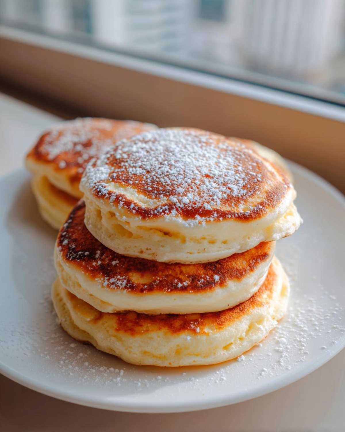 A stack of three fluffy High-Protein Cottage Cheese Pancakes dusted with powdered sugar on a white plate.