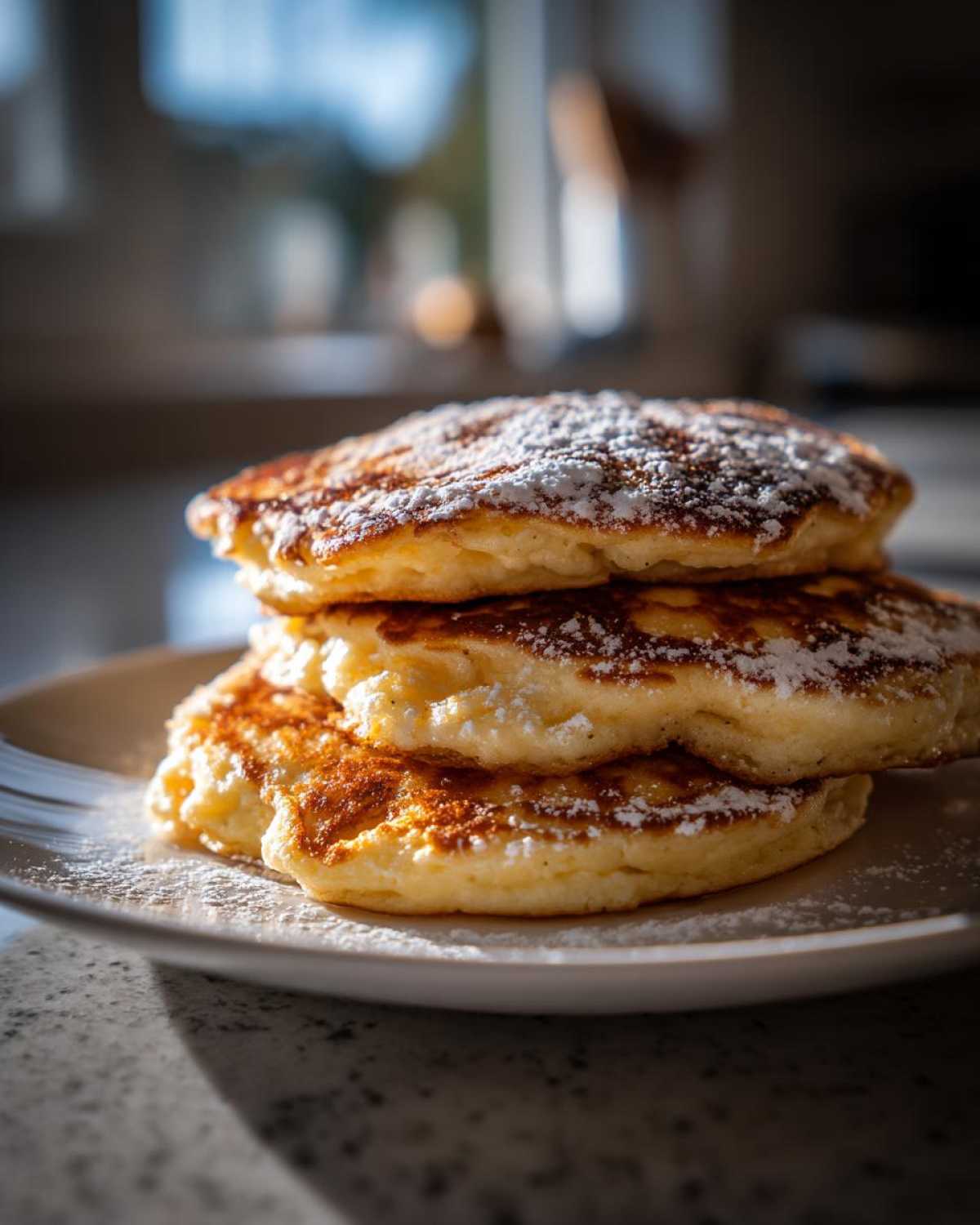 Close-up of three fluffy High-Protein Cottage Cheese Pancakes stacked and dusted with powdered sugar.