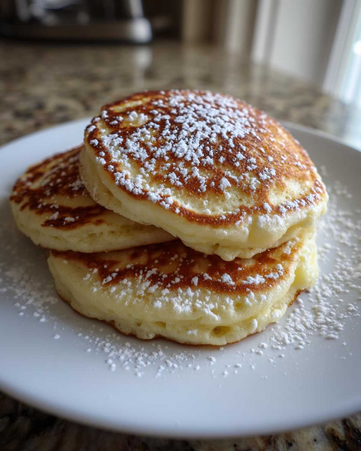 A stack of three fluffy High-Protein Cottage Cheese Pancakes dusted with powdered sugar.