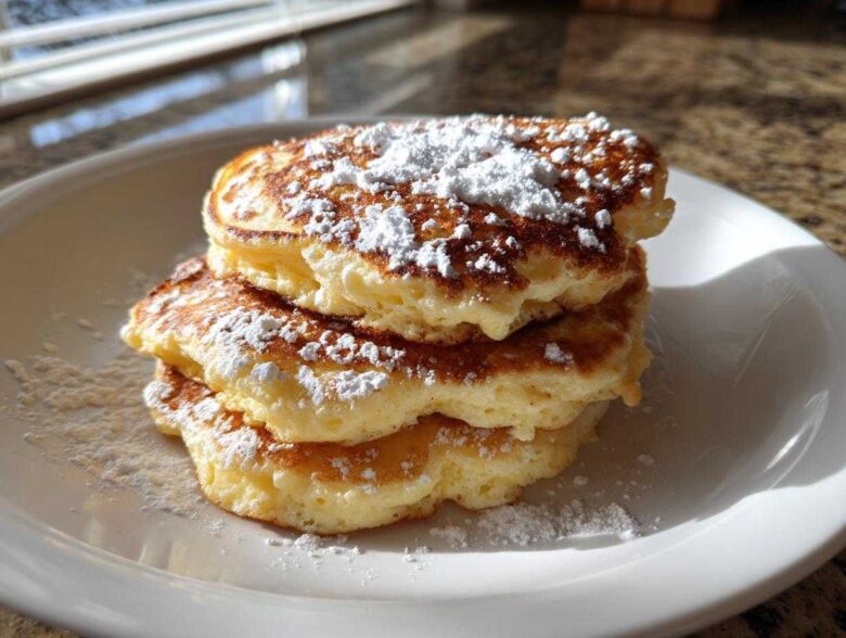 A stack of three fluffy High-Protein Cottage Cheese Pancakes dusted generously with powdered sugar.