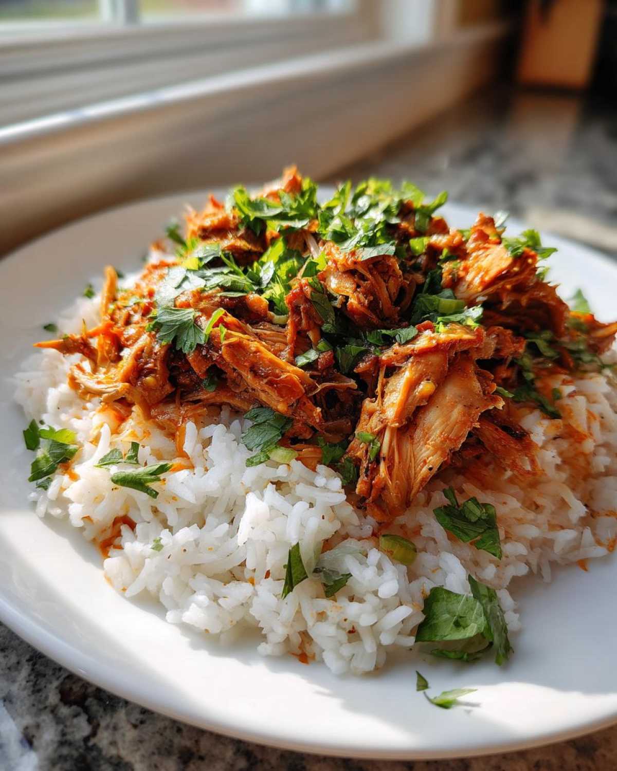 A serving of Instant Pot Chicken Shawarma Rice topped with fresh parsley, brightly lit by a window.