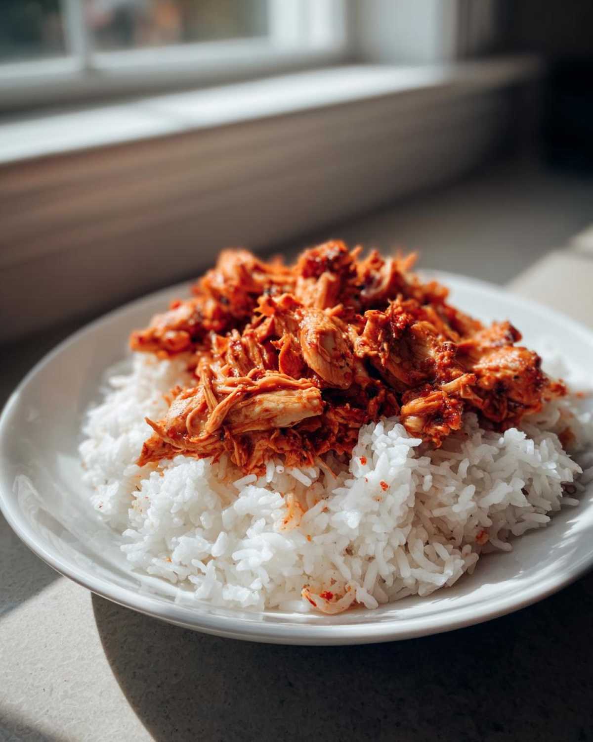 A close-up of Instant Pot Chicken Shawarma Rice, featuring seasoned shredded chicken over white rice on a white plate.