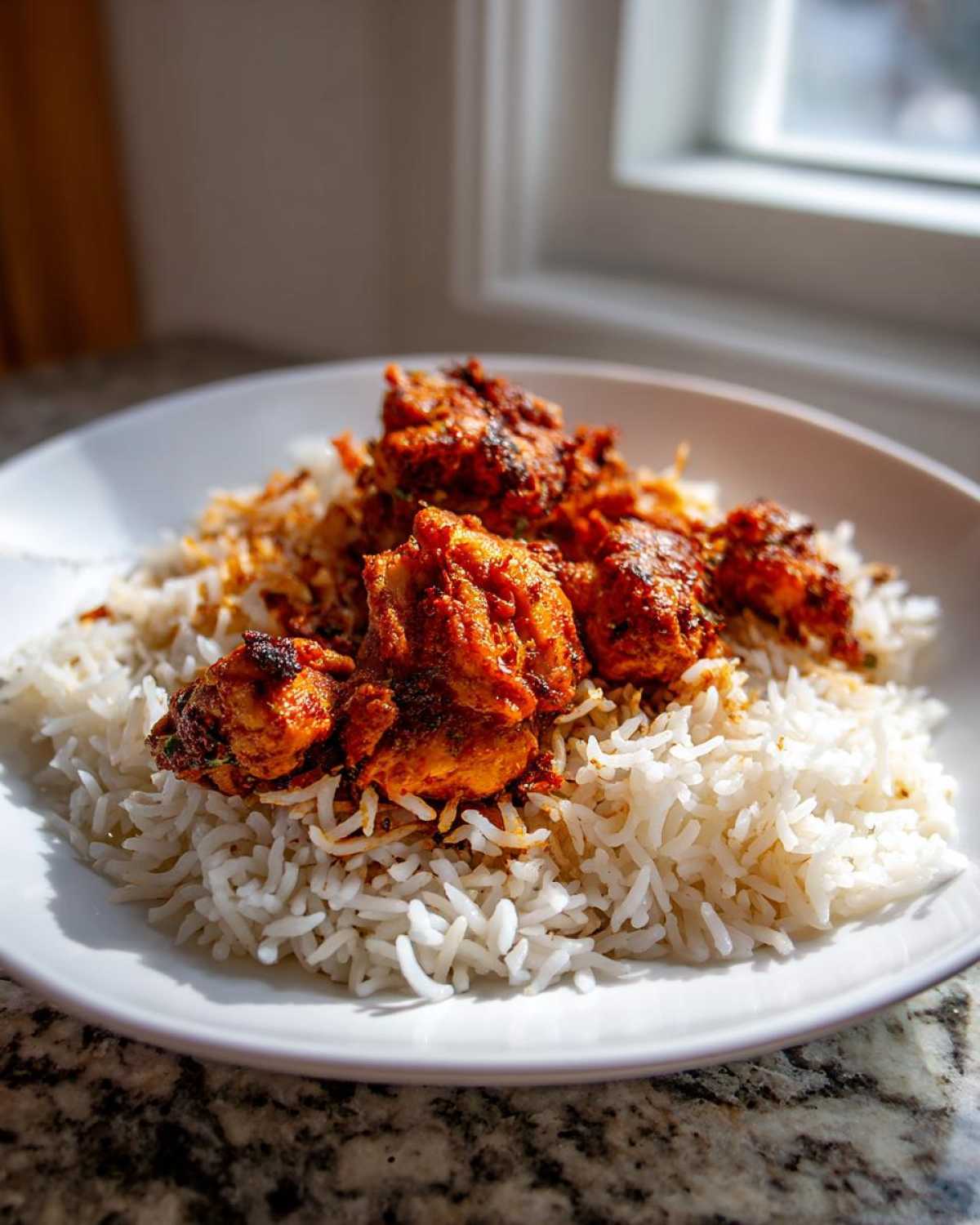 A white plate holds fluffy white rice topped with chunks of vibrant, spiced Instant Pot Chicken Shawarma Rice.