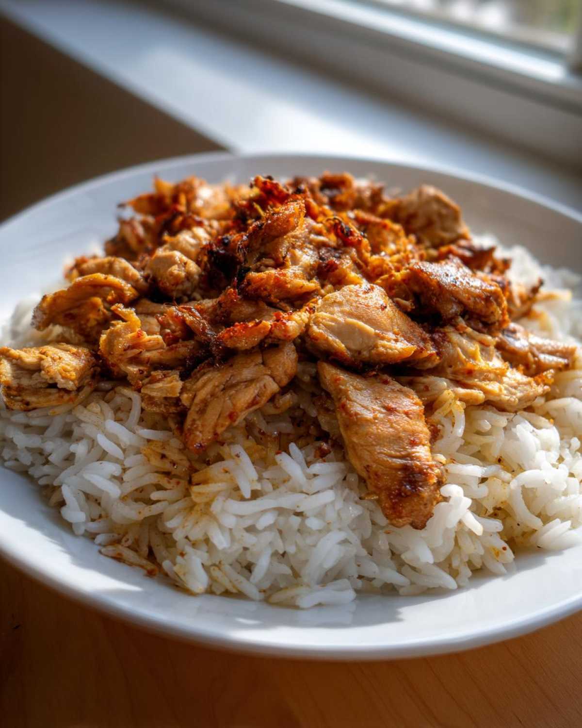 Close-up of seasoned chicken shawarma piled over white rice in a white bowl, featuring Instant Pot Chicken Shawarma Rice.