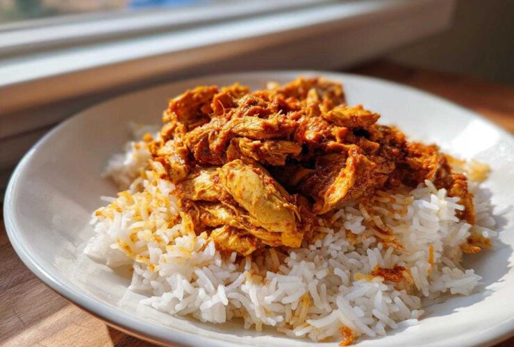 A serving of seasoned Instant Pot Chicken Shawarma Rice featuring shredded chicken over white rice.