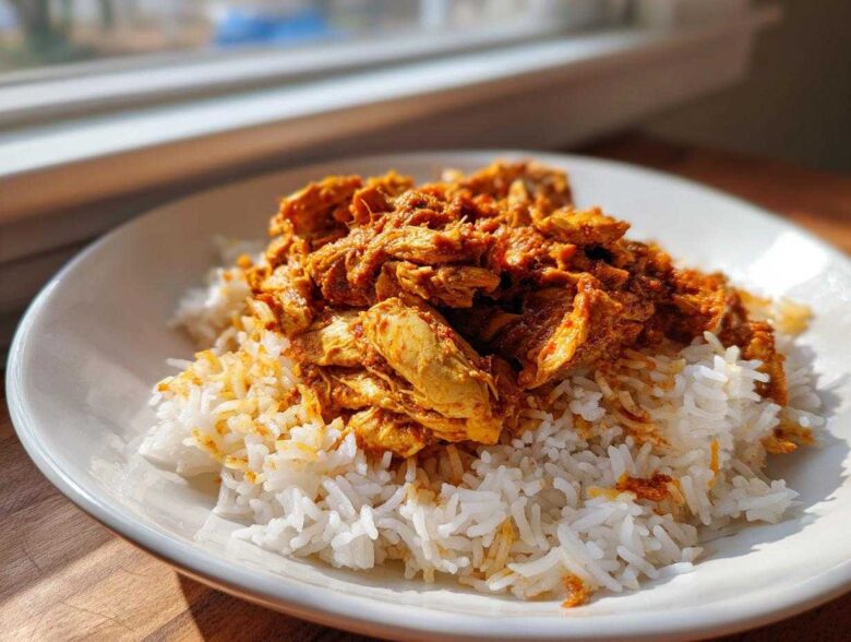 A serving of seasoned Instant Pot Chicken Shawarma Rice featuring shredded chicken over white rice.