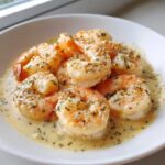 Close-up of plump shrimp coated in creamy garlic butter sauce, ready to eat Instant Pot Creamy Garlic Butter Shrimp Scampi.