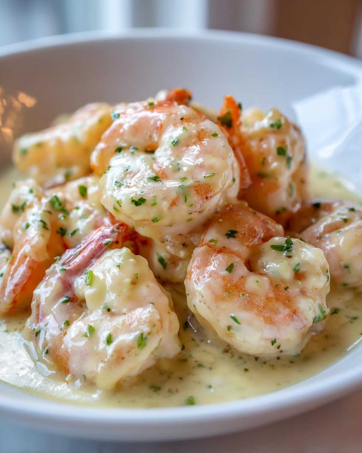 Close-up of plump shrimp coated in creamy garlic butter sauce, garnished with parsley, from Instant Pot Creamy Garlic Butter Shrimp Scampi.