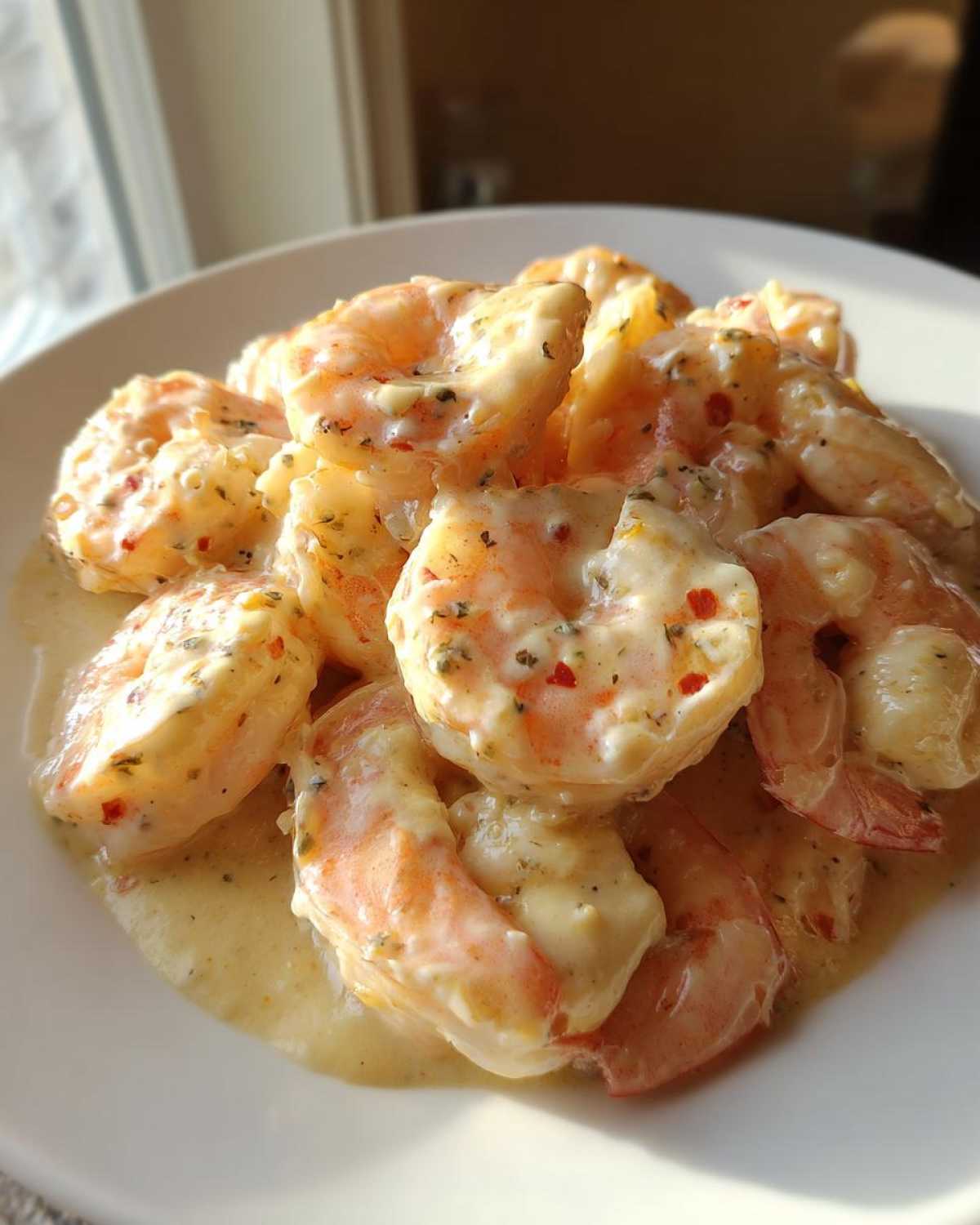 Close-up of succulent shrimp coated in creamy garlic butter sauce, featuring herbs and red pepper flakes, prepared as Instant Pot Creamy Garlic Butter Shrimp Scampi.
