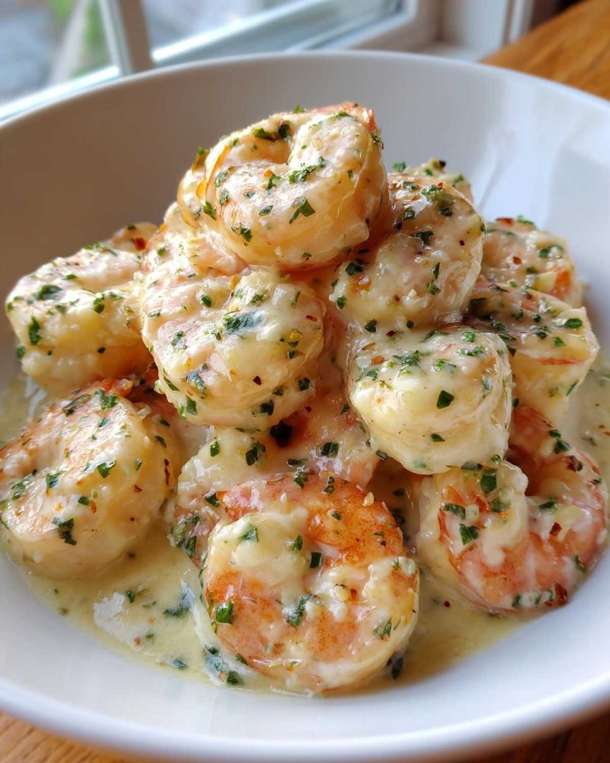 Close-up of plump shrimp coated in creamy garlic butter sauce and fresh parsley, ready to eat Instant Pot Creamy Garlic Butter Shrimp Scampi.