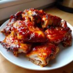 A close-up of sticky, glazed Instant Pot Honey Sriracha Chicken pieces piled on a white plate.