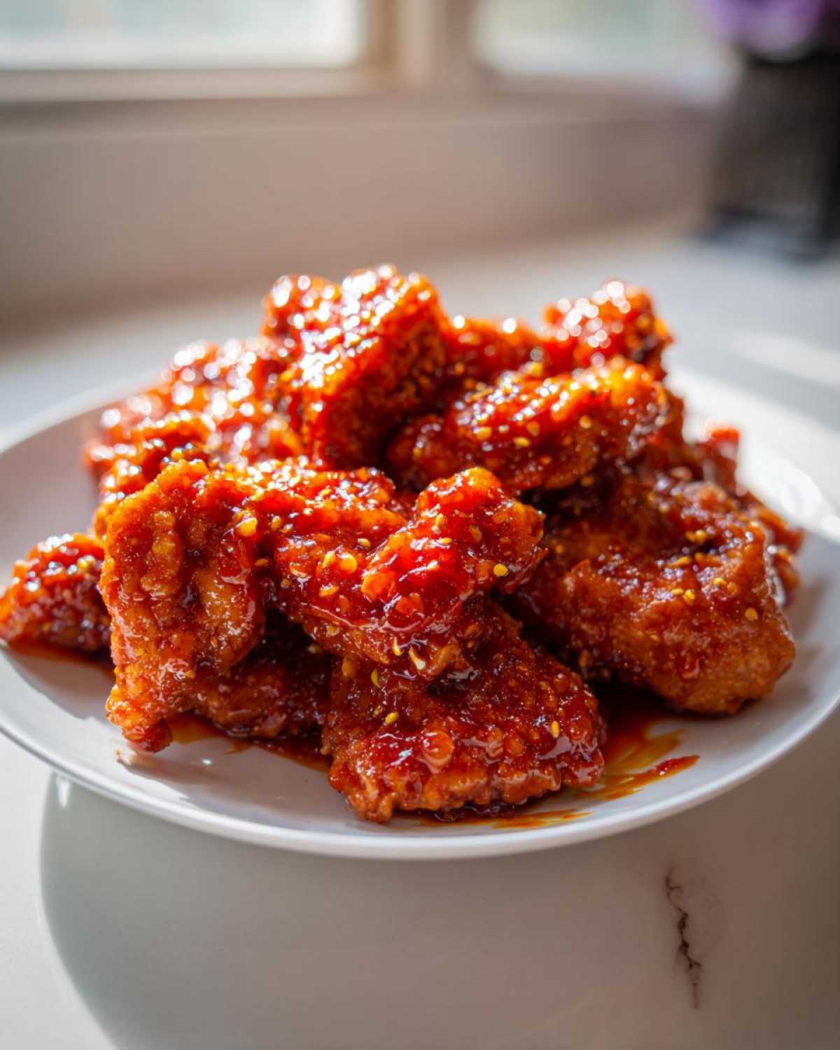 A plate piled high with glossy, sticky pieces of Instant Pot Honey Sriracha Chicken, garnished with sesame seeds.