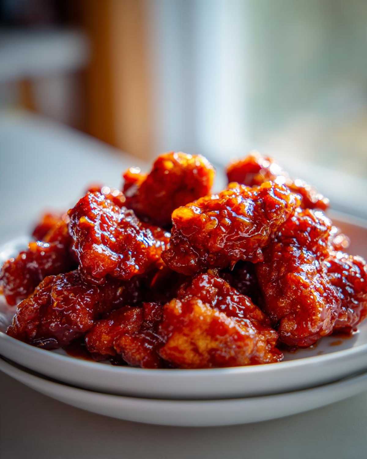 Close-up of sticky, glazed Instant Pot Honey Sriracha Chicken piled high on white plates.