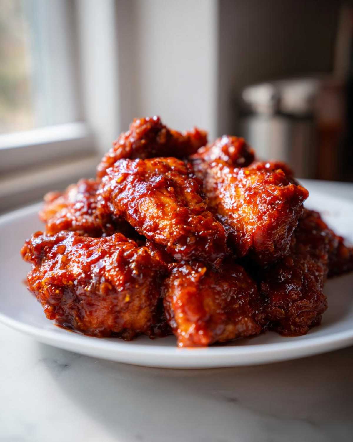 A close-up of sticky, glazed Instant Pot Honey Sriracha Chicken pieces piled on a white plate.