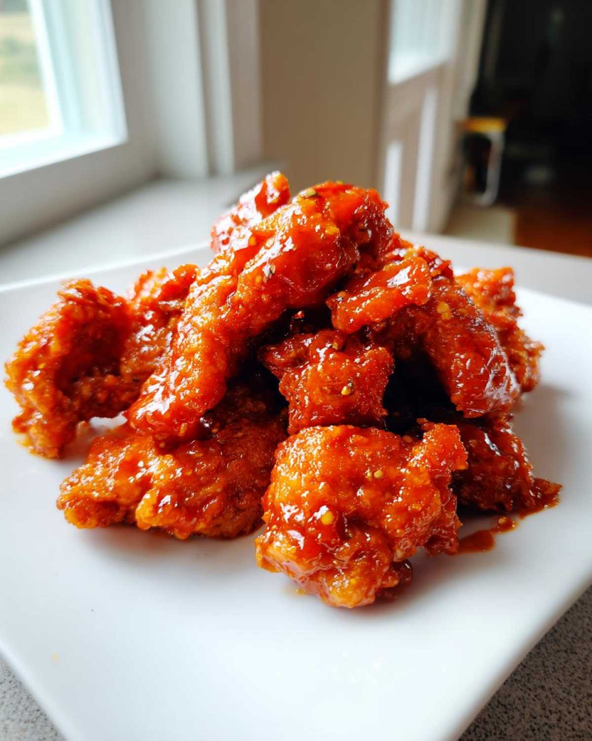 Close-up of glossy, bright orange Instant Pot Honey Sriracha Chicken pieces piled on a white plate.