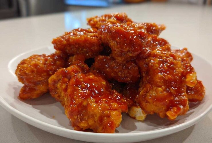 A pile of crispy chicken pieces coated in a thick, glossy, orange-red Honey Sriracha Chicken glaze on a white plate.