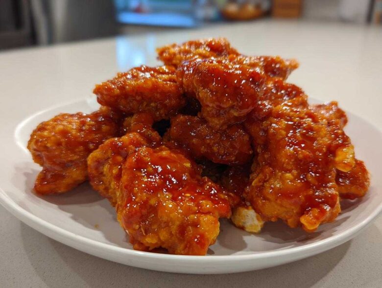 A pile of crispy chicken pieces coated in a thick, glossy, orange-red Honey Sriracha Chicken glaze on a white plate.