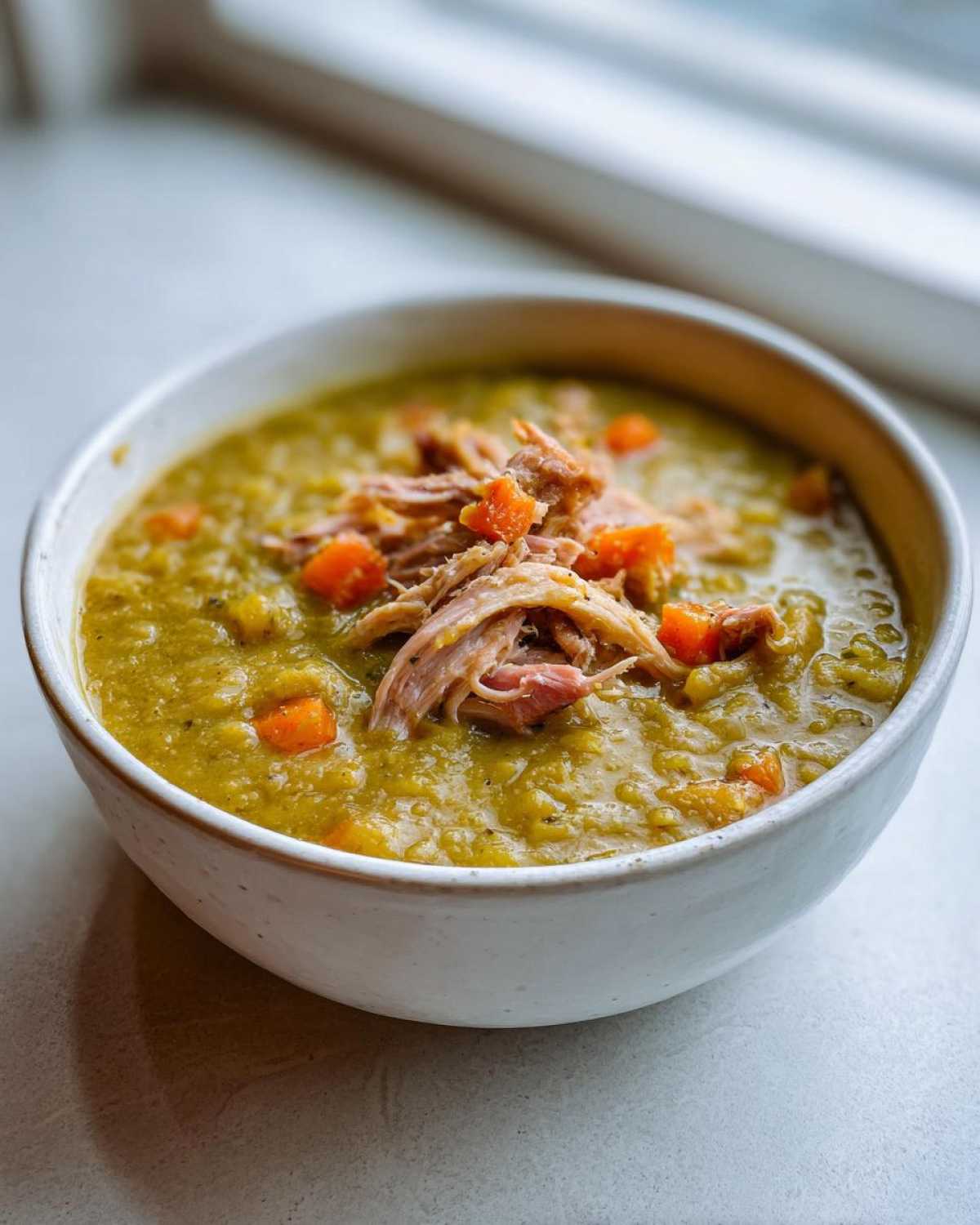 A bowl of thick, green Instant Pot Split Pea Soup with Smoked Turkey and diced carrots.