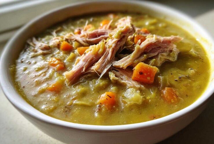 A close-up of a white bowl filled with thick Instant Pot Split Pea Soup with Smoked Turkey and diced carrots.