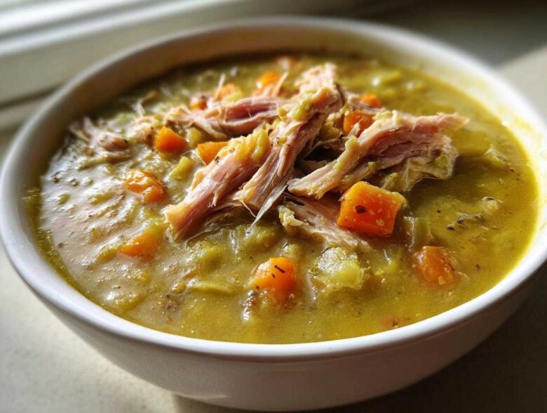 A close-up of a white bowl filled with thick Instant Pot Split Pea Soup with Smoked Turkey and diced carrots.