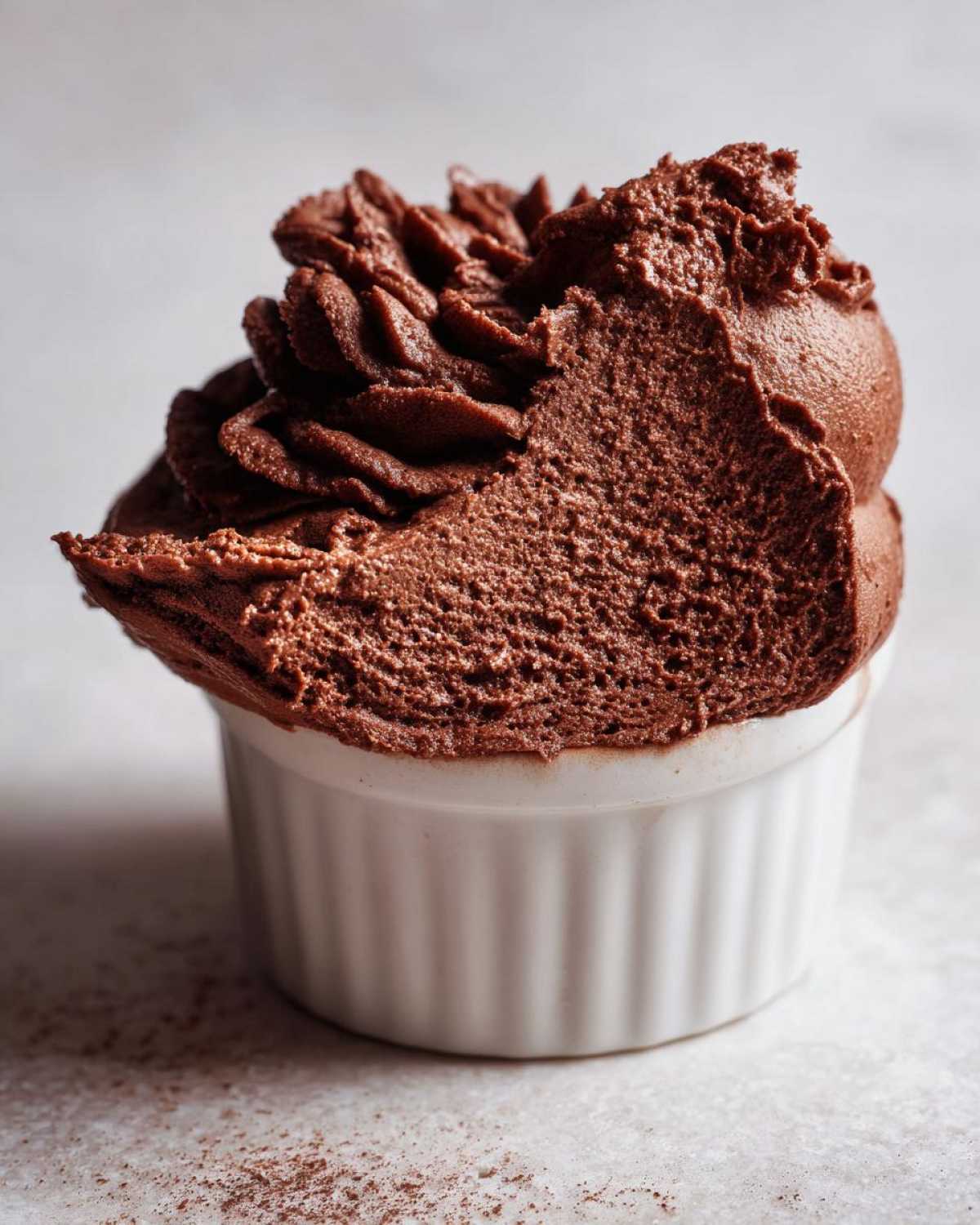 Close-up of rich, airy Keto Creamy Chocolate Cheesecake Mousse served in a white ramekin.