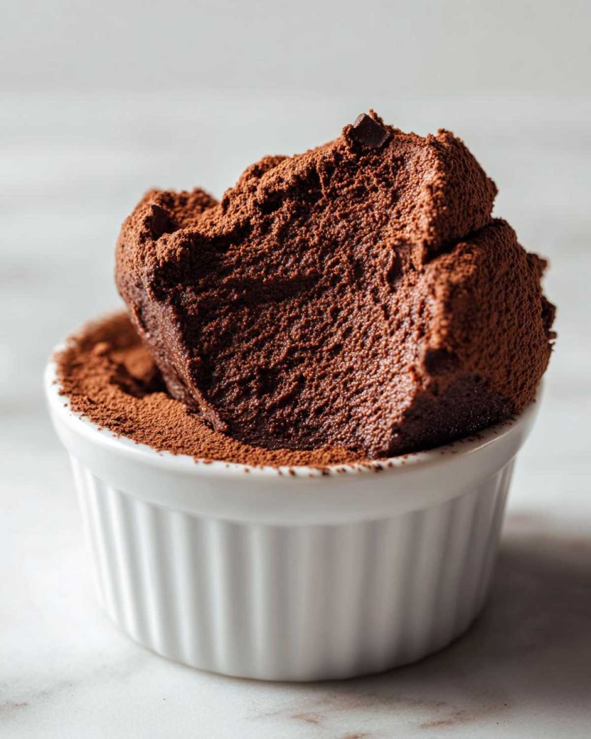A rich portion of Keto Creamy Chocolate Cheesecake Mousse dusted with cocoa powder in a white ramekin.